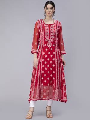 Hand Embroidered Red Georgette Anarkali 1