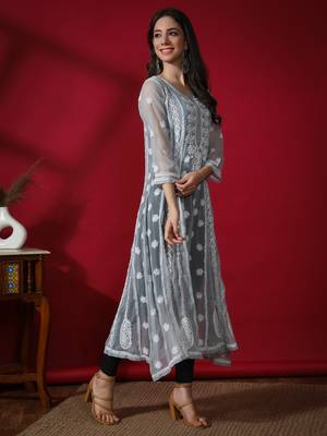 Hand Embroidered Grey Georgette Anarkali 3