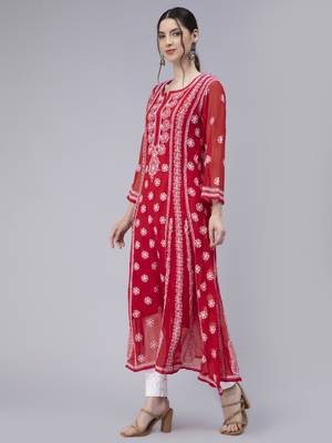 Hand Embroidered Red Georgette Anarkali 3