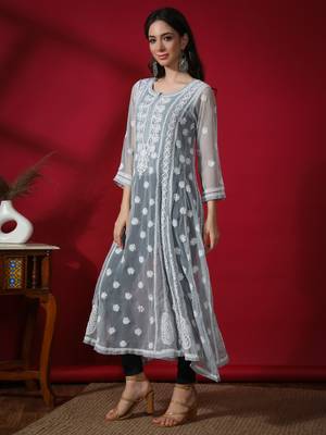 Hand Embroidered Grey Georgette Anarkali 4