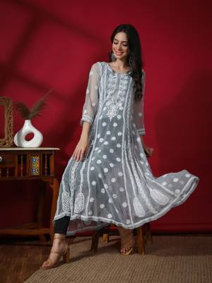 Hand Embroidered Grey Georgette Anarkali 5