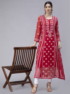 Hand Embroidered Red Georgette Anarkali 5