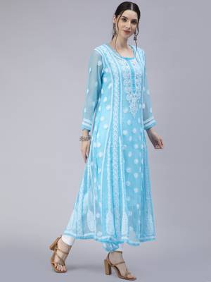 Hand Embroidered Blue Georgette Anarkali  3