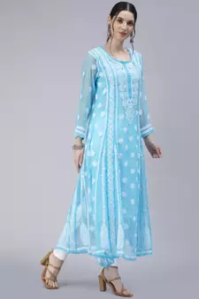 Hand Embroidered Blue Georgette Anarkali 