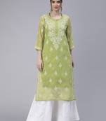 Green embroidered georgette chikankari-kurtis