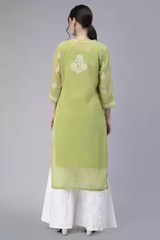 Green embroidered georgette chikankari-kurtis