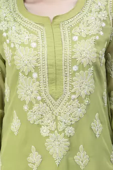 Green embroidered georgette chikankari-kurtis