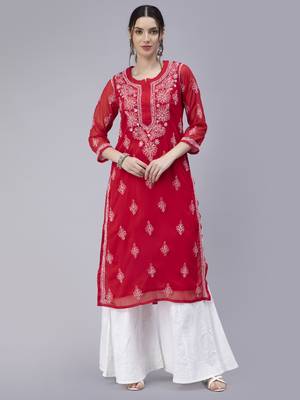 Red embroidered georgette chikankari-kurtis 1