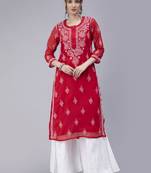 Red embroidered georgette chikankari-kurtis