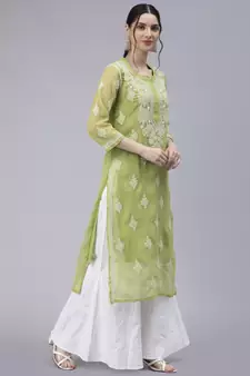Green embroidered georgette chikankari-kurtis