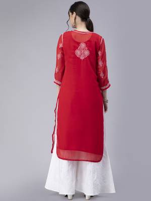 Red embroidered georgette chikankari-kurtis 2