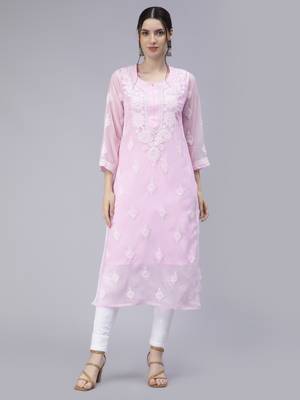 Pink embroidered georgette chikankari-kurtis 1