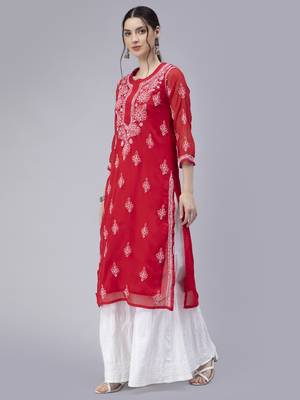 Red embroidered georgette chikankari-kurtis 3