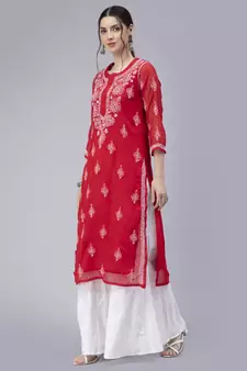 Red embroidered georgette chikankari-kurtis
