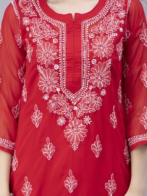 Red embroidered georgette chikankari-kurtis 4