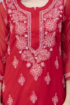 Red embroidered georgette chikankari-kurtis