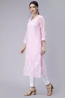 Pink embroidered georgette chikankari-kurtis