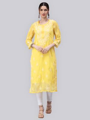 Yellow embroidered georgette chikankari-kurtis 1