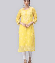 Yellow embroidered georgette chikankari-kurtis