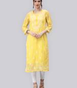 Yellow embroidered georgette chikankari-kurtis