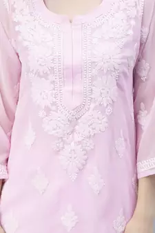 Pink embroidered georgette chikankari-kurtis