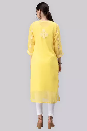 Yellow embroidered georgette chikankari-kurtis