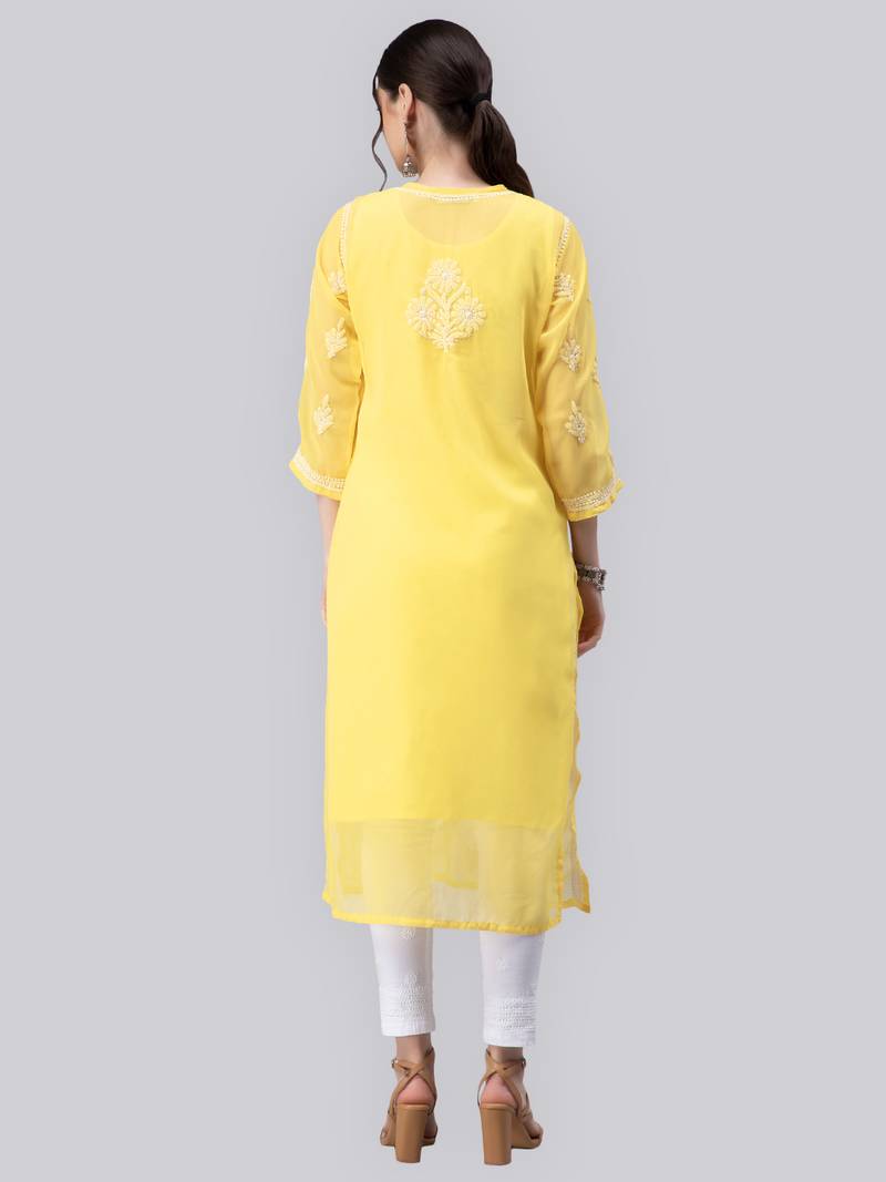 Yellow embroidered georgette chikankari-kurtis