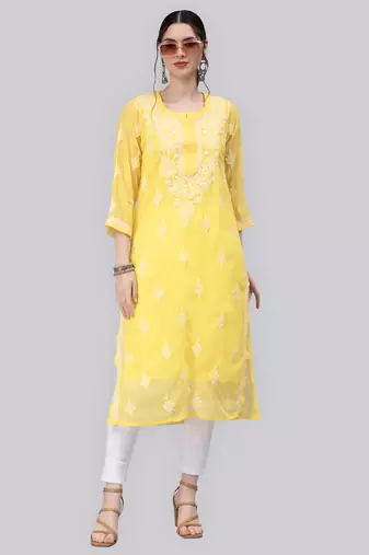 Yellow embroidered georgette chikankari-kurtis