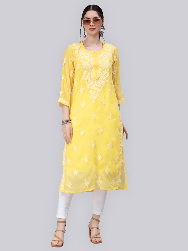 Yellow embroidered georgette chikankari-kurtis