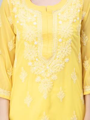 Yellow embroidered georgette chikankari-kurtis 4