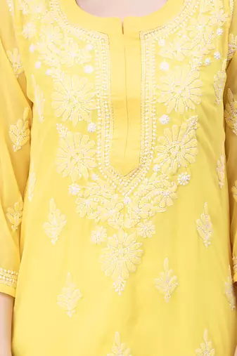 Yellow embroidered georgette chikankari-kurtis
