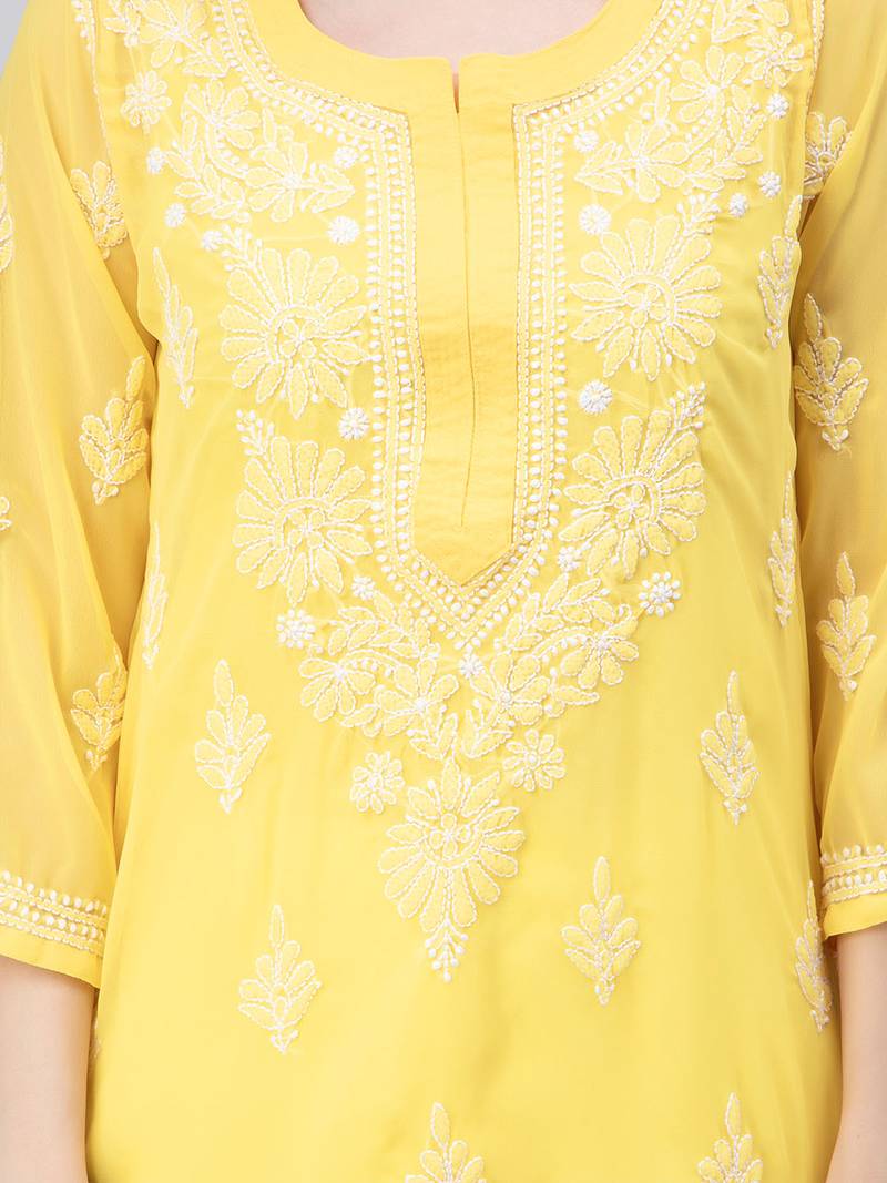 Yellow embroidered georgette chikankari-kurtis