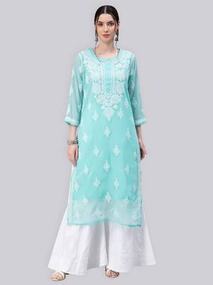 Blue embroidered georgette chikankari-kurtis 1