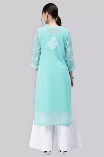Blue embroidered georgette chikankari-kurtis