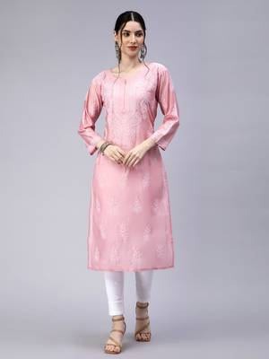 Pink Embroidered Chanderi Chikankari-kurtis 1