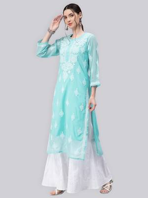 Blue embroidered georgette chikankari-kurtis 3