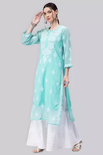 Blue embroidered georgette chikankari-kurtis