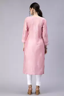 Pink Embroidered Chanderi Chikankari-kurtis