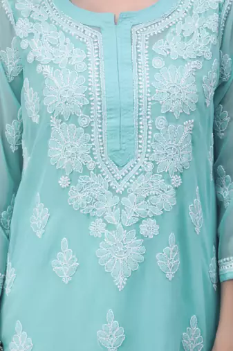 Blue embroidered georgette chikankari-kurtis