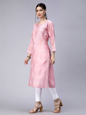 Pink Embroidered Chanderi Chikankari-kurtis 3
