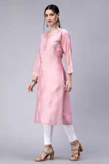Pink Embroidered Chanderi Chikankari-kurtis