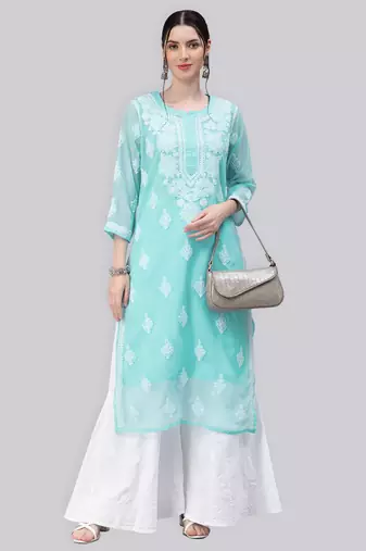 Blue embroidered georgette chikankari-kurtis