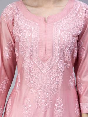 Pink Embroidered Chanderi Chikankari-kurtis 4