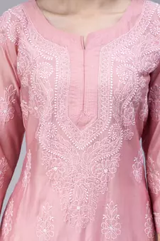 Pink Embroidered Chanderi Chikankari-kurtis