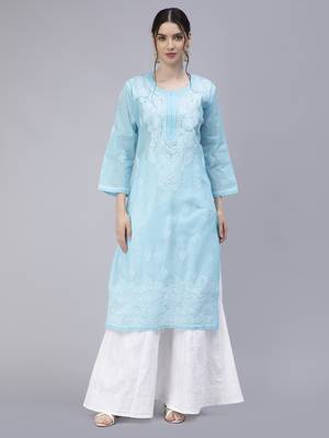 Blue embroidered cotton chikankari-kurtis 1