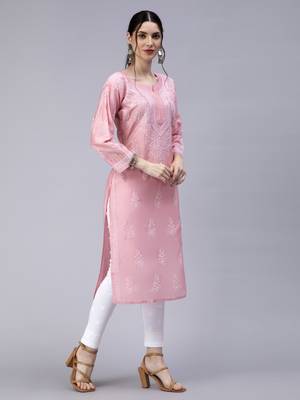 Pink Embroidered Chanderi Chikankari-kurtis 5