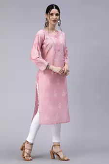 Pink Embroidered Chanderi Chikankari-kurtis