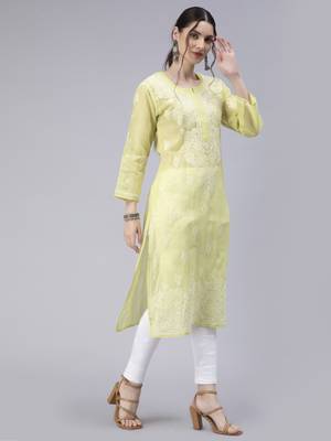 Green embroidered cotton chikankari-kurtis 4