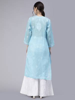 Blue embroidered cotton chikankari-kurtis 2