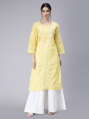 Yellow embroidered cotton chikankari-kurtis 1